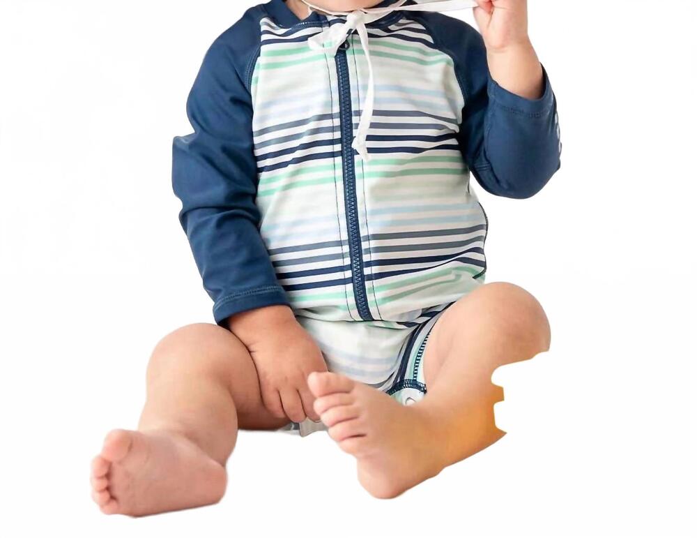 NEW RUFFLEBUTTS baby boys coastal stripes long sleeve one piece rash guard swims